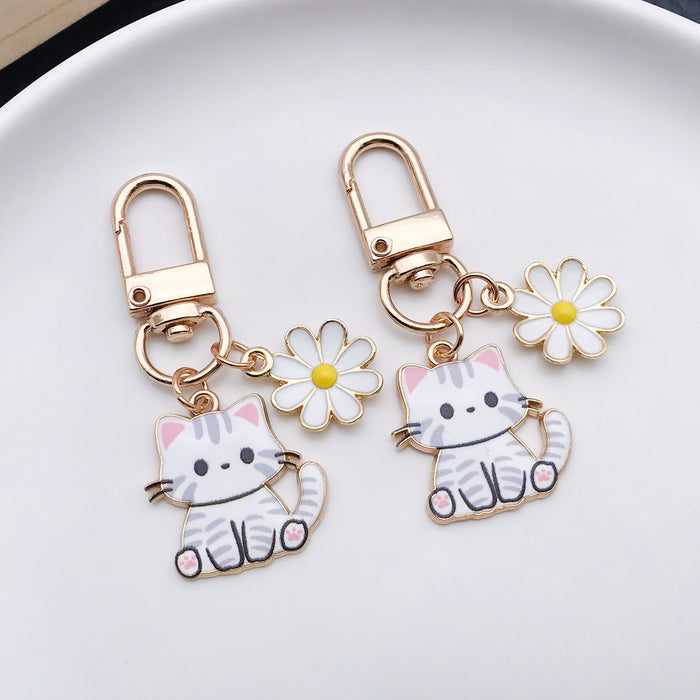 White Cat and Daisy Enamel Clip Keychain Eight-Style Collection