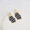 Black White Houndstooth Fabric Gold Frame Drop Earrings view 3