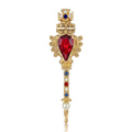 Ornate Red Crystal Scepter Brooch with Blue Accents and Pearl Tip view 1