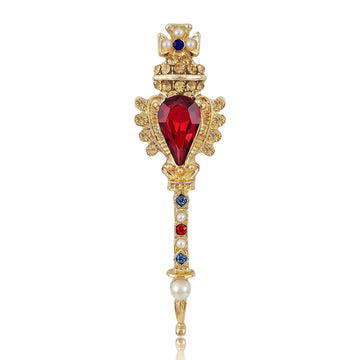 Ornate Red Crystal Scepter Brooch with Blue Accents and Pearl Tip
