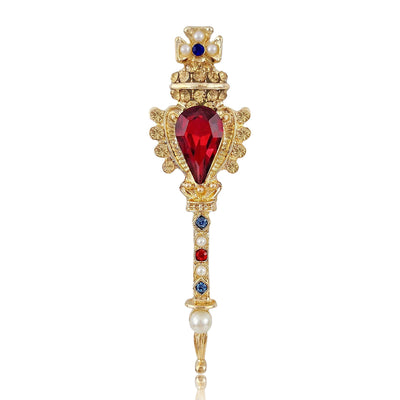 Ornate Red Crystal Scepter Brooch with Blue Accents and Pearl Tip grouped product view