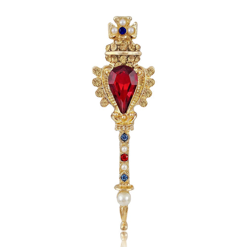 Ornate Red Crystal Scepter Brooch with Blue Accents and Pearl Tip grouped product view