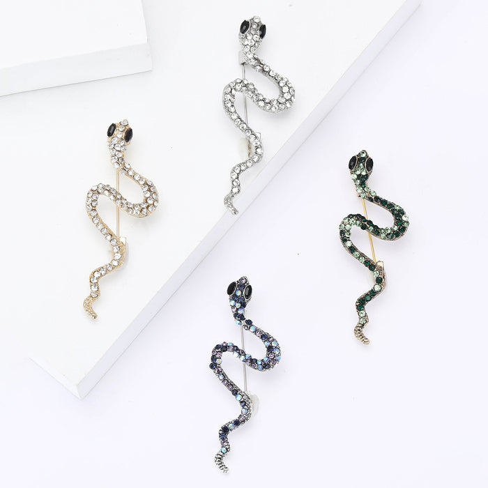 Wavy Crystal Snake Brooch in Four Metallic Colorways