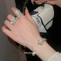 Silver Pavé Zircon Flower Open Cuff Bracelet and Rings Trio view 4