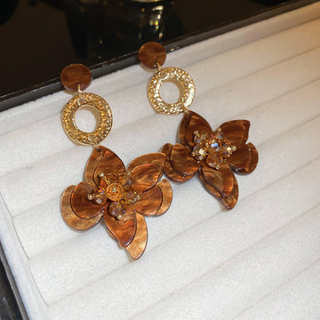 Amber Brown Acetate Flower Statement Drop Earrings
