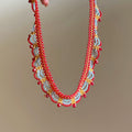 Layered Red Beaded Necklace With Blue And Gold Tone Fringe view 6