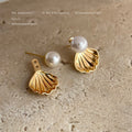 White Pearl Stud Gold Shell Jacket Two Way Earrings view 3