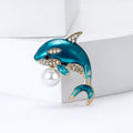 Blue Enamel Orca Brooch Pearl Rhinestones Gold Tone view 2