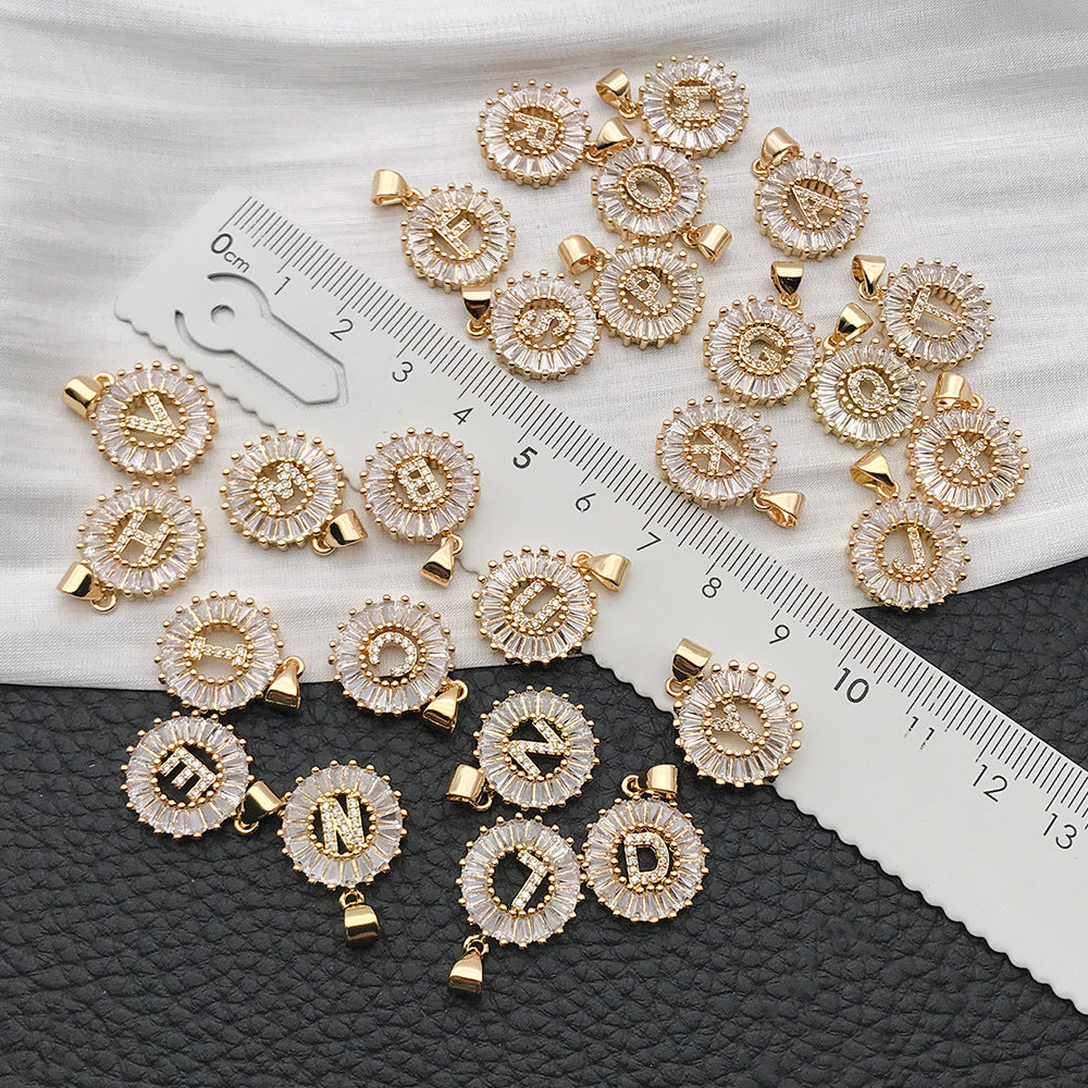 Zinc Alloy Gold Round Rhinestone English Letter Charm Pendant for Necklace DIY — 15×21mm