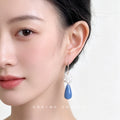 Silver White Pearl Flower Blue Teardrop Drop Earrings view 2