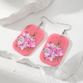 Gold Tone Rectangular Floral Print Acrylic Hook Earrings in Four Colors view 3