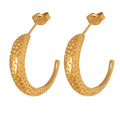 Gold Steel Textured Crescent Hoop Stud Earrings Dimple Finish view 5