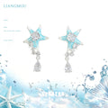 Light Blue Enamel Starfish Drop Earrings Clear Teardrop CZ view 1