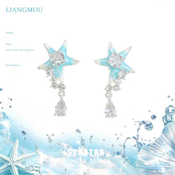 Light Blue Enamel Starfish Drop Earrings Clear Teardrop CZ