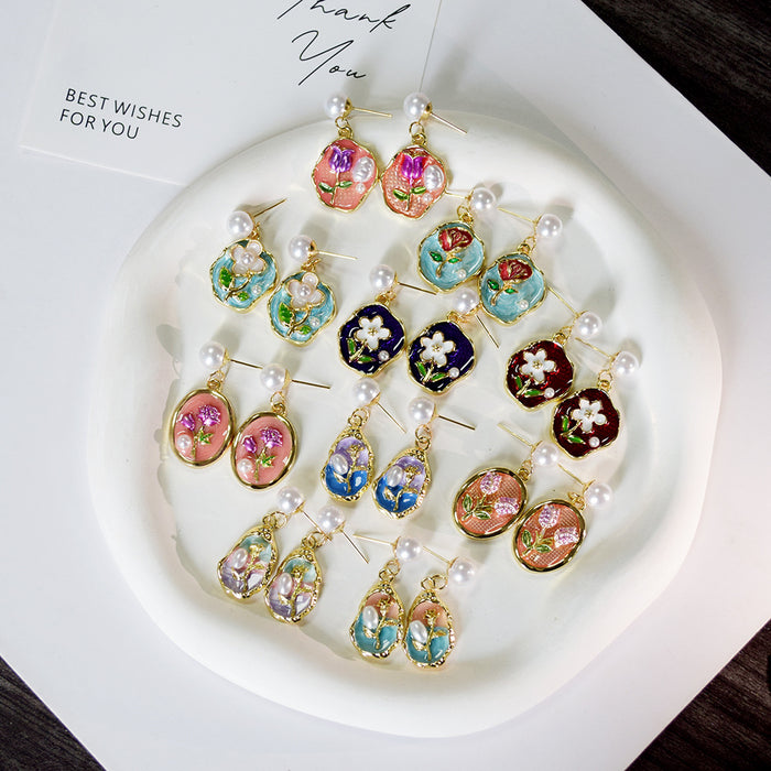 Gold Irregular Enamel Floral Pearl Drop Earrings 10 Styles