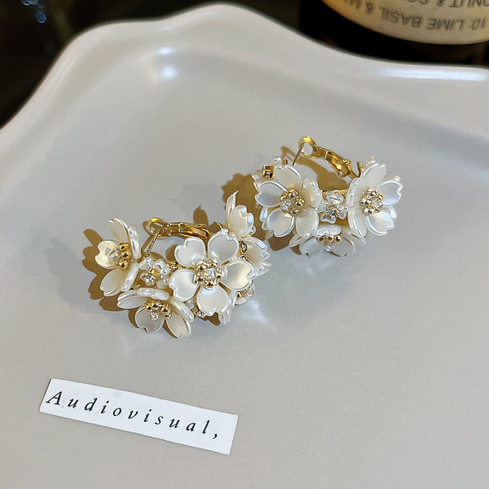 Gold White Floral Crystal Hoop Earrings Polished Metal Jewelry