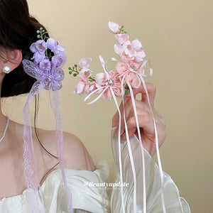 Fabric Flower Ribbon Streamer Duckbill Hair Clips Purple Pink