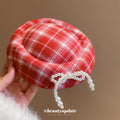 Red Plaid Mini Hat Hair Clips With Snowflake And Pom Pom view 4