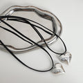 Silver Heart Pendant Necklace On Black Cord Adjustable Tie Closure view 2