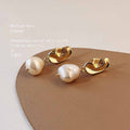 Gold Tone Folded Openwork Top Irregular White Pearl Drop Stud Earrings view 4