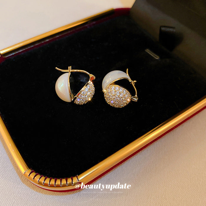 Gold Iridescent Pearl Crystal Crescent Hoop Earrings