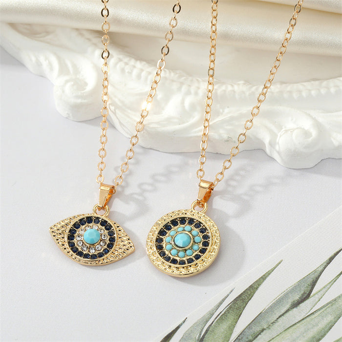 Gold Evil Eye Pendant Necklaces Round and Almond Two Styles