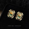 Gold Scroll Frame Golden Pearl Enamel Leaf Stud Earrings view 4