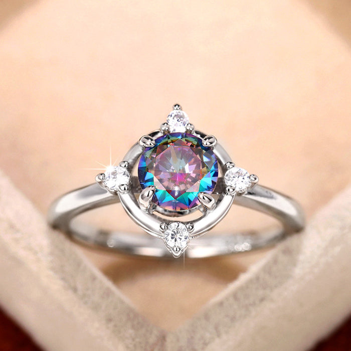 Silver Tone Rainbow Round Crown Ring with Polished Metal Finish