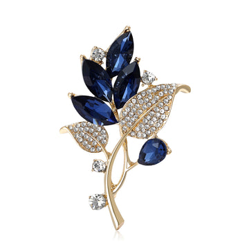 Navy Crystal Leaf Branch Brooch in Gold or Silver Tone