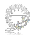 Pearl Wreath Brooch In Metal With White Faux Pearls And A Crystal Leaf Spray view 2