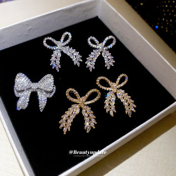 Crystal Bow Dangle Earrings Gold Silver Plus Bow Brooch