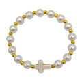 Pearl Gold Spacer Cross Stretch Bracelet Cream Bead view 5