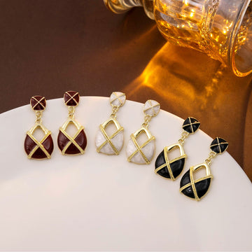 Gold Enamel Geometric Teardrop Drop Earrings Black Wine