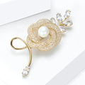 Gold Mesh Rose Brooch Pearl Center Clear Marquise Rhinestones view 3