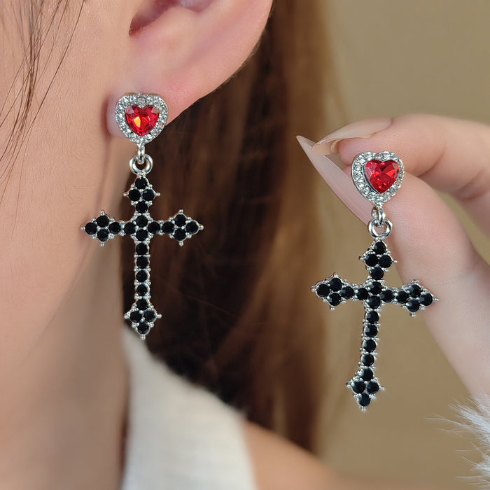 Black Cross and Red Heart Halo Long Dangle Earrings
