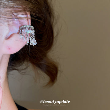 Silver Crescent Ear Cuff With Crystal And Coin Fringe