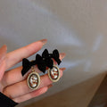 Black Bow Oval Crystal Drop Statement Earrings Pair view 6