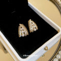 Gold Tone Crystal Arch Stud Earrings With Pearl Rows view 4