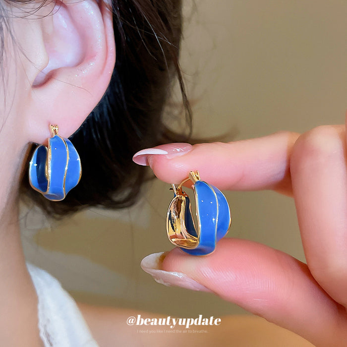 Blue Enamel Wavy Gold Tone Statement Hoop Earrings