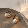 Pearl Multicolor Crystal Cluster Stud Earrings Gold Tone view 1