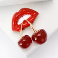 Red Lips and Double Cherry Enamel Brooch in Gold Tone view 2