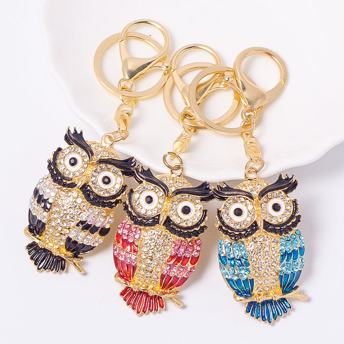 Rhinestone Owl Keychain Gold Enamel Colorful Bird Charm
