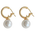 Gold Tone Round Hoop Earrings With Large White Pearl Drop Charms view 5
