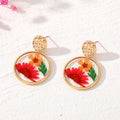 Gold Tone Round Pressed Flower Drop Stud Earrings in Six Designs view 8