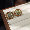 Brown Round Letter Medallion Gold Tone Stud Earrings view 2