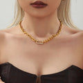 Gold Steel Oval Link Chain Necklace Bracelet Zircon Center view 2