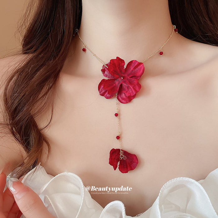 Fabric Flower Y Drop Necklace Gold Chain Crystal Accents