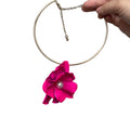 Gold Tone Collar Necklace With Layered Fuchsia Fabric Flower view 5