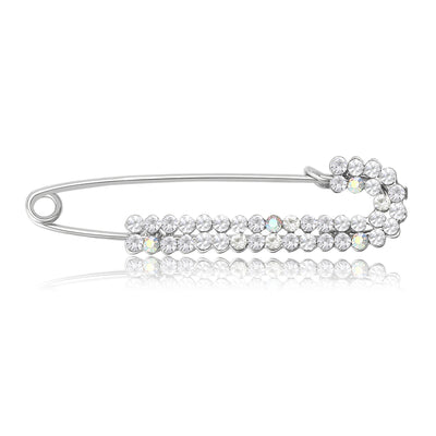 Main front view of Crystal Safety Pin Brooch In Gold And Silver Tones