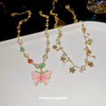 Gold Double Layer Pink Butterfly Pearl Crystal Charm Necklace view 4